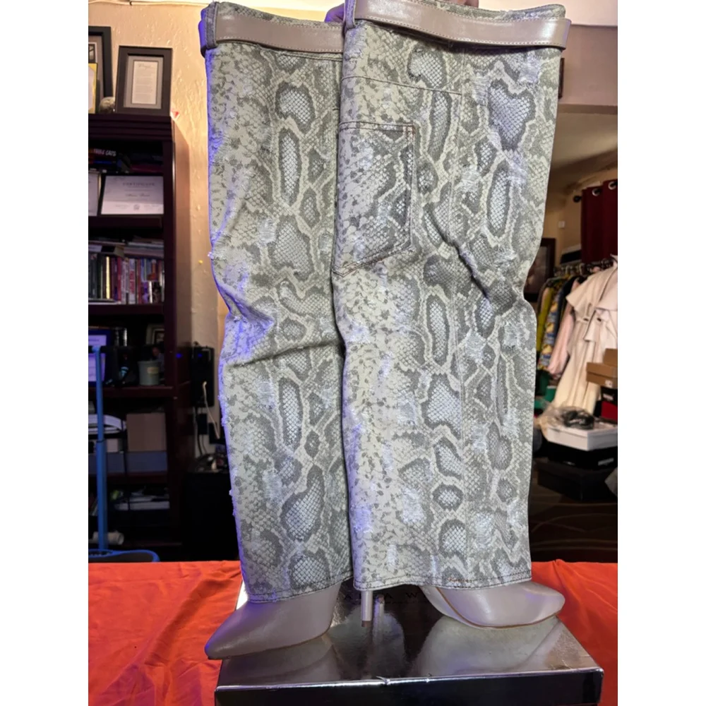 Women's Azalea Wang Over the Knee Boots 8.5 Tan Gray Snake Print